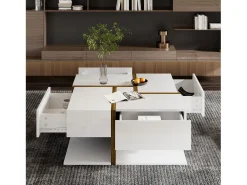 Mesa de centro quadrada com 4 gavetas - 78 x 78 x 34,8 cm - Aglomerado - Branco brilhante