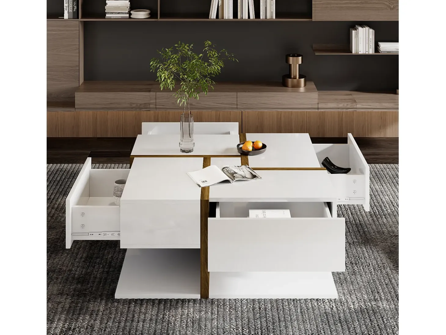 Mesa de centro quadrada com 4 gavetas - 78 x 78 x 34,8 cm - Aglomerado - Branco brilhante