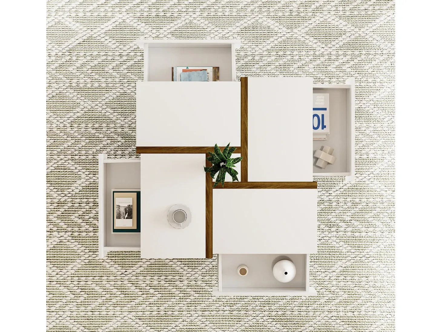 Mesa de centro quadrada com 4 gavetas - 78 x 78 x 34,8 cm - Aglomerado - Branco brilhante