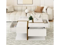 Mesa de centro quadrada com 4 gavetas - 78 x 78 x 34,8 cm - Aglomerado - Branco brilhante