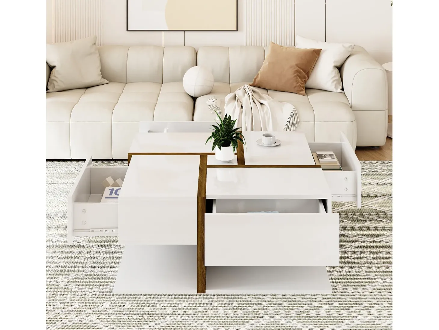 Mesa de centro quadrada com 4 gavetas - 78 x 78 x 34,8 cm - Aglomerado - Branco brilhante