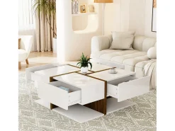 Mesa de centro quadrada com 4 gavetas - 78 x 78 x 34,8 cm - Aglomerado - Branco brilhante