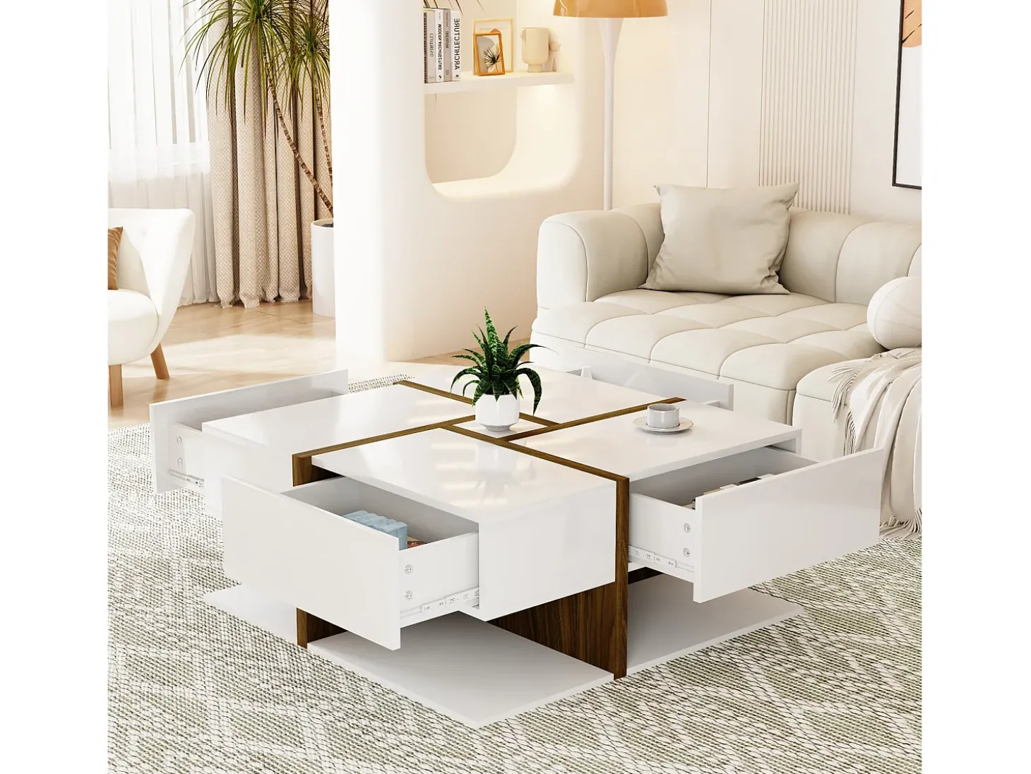 Mesa de centro quadrada com 4 gavetas - 78 x 78 x 34,8 cm - Aglomerado - Branco brilhante