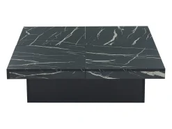 Mesa de centro quadrada com acabamento em folheado de mármore preto, tampo modular com 4 secções e gavetas integradas.
