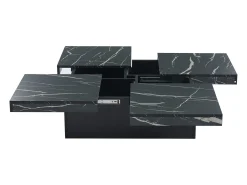 Mesa de centro quadrada com acabamento em folheado de mármore preto, tampo modular com 4 secções e gavetas integradas.