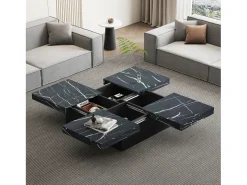 Mesa de centro quadrada com acabamento em folheado de mármore preto, tampo modular com 4 secções e gavetas integradas.