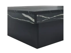 Mesa de centro quadrada com acabamento em folheado de mármore preto, tampo modular com 4 secções e gavetas integradas.