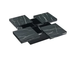 Mesa de centro quadrada com acabamento em folheado de mármore preto, tampo modular com 4 secções e gavetas integradas.