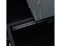 Mesa de centro quadrada com acabamento em folheado de mármore preto, tampo modular com 4 secções e gavetas integradas.