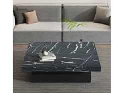 Mesa de centro quadrada com acabamento em folheado de mármore preto, tampo modular com 4 secções e gavetas integradas.