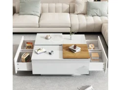 Mesa de centro quadrada com 4 gavetas - Tampo deslizante pequeno - Acabamento brilhante - Branco