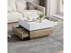 Mesa de centro quadrada com tampo giratório 360° - 60 x 60 x 38 cm - Aglomerado - Branco + Nogueira natural