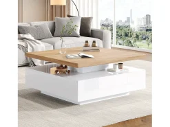 Mesa de centro quadrada com 1 gaveta e tampo giratório 360° - 70 x 70 x 36 cm - Aglomerado - Branco e nogueira
