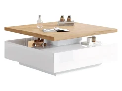 Mesa de centro quadrada com 1 gaveta e tampo giratório 360° - 70 x 70 x 36 cm - Aglomerado - Branco e nogueira