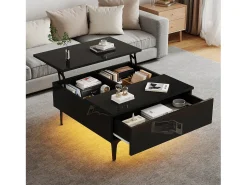 Mesa de centro quadrada com tampo elevatório, 1 gaveta e compartimentos ocultos, LED incluído, preta
