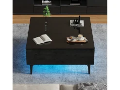 Mesa de centro quadrada com tampo elevatório, 1 gaveta e compartimentos ocultos, LED incluído, preta