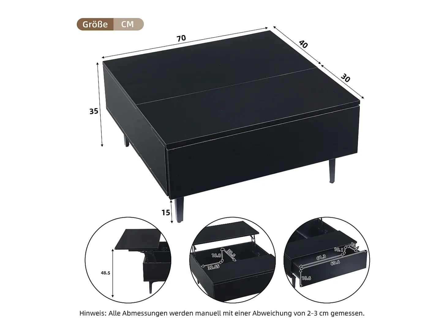 Mesa de centro quadrada com tampo elevatório, 1 gaveta e compartimentos ocultos, LED incluído, preta