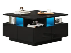 Mesa de centro quadrada com 4 gavetas e iluminação LED - Acabamento em preto brilhante