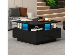 Mesa de centro quadrada com 4 gavetas e iluminação LED - Acabamento em preto brilhante