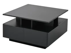 Mesa de centro quadrada com 4 gavetas e iluminação LED - Acabamento em preto brilhante