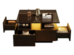 Mesa de centro quadrada com 4 gavetas e iluminação LED - Acabamento em preto brilhante
