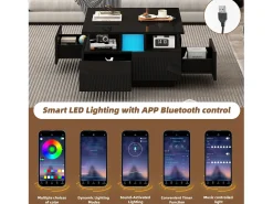 Mesa de centro quadrada com 4 gavetas e iluminação LED - Acabamento em preto brilhante