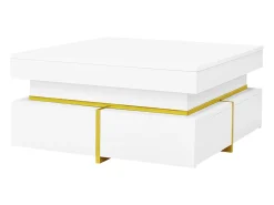 Mesa de centro quadrada com acabamento brilhante e 2 gavetas - Detalhes dourados - Branca