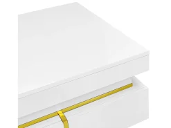 Mesa de centro quadrada com acabamento brilhante e 2 gavetas - Detalhes dourados - Branca