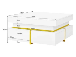 Mesa de centro quadrada com acabamento brilhante e 2 gavetas - Detalhes dourados - Branca