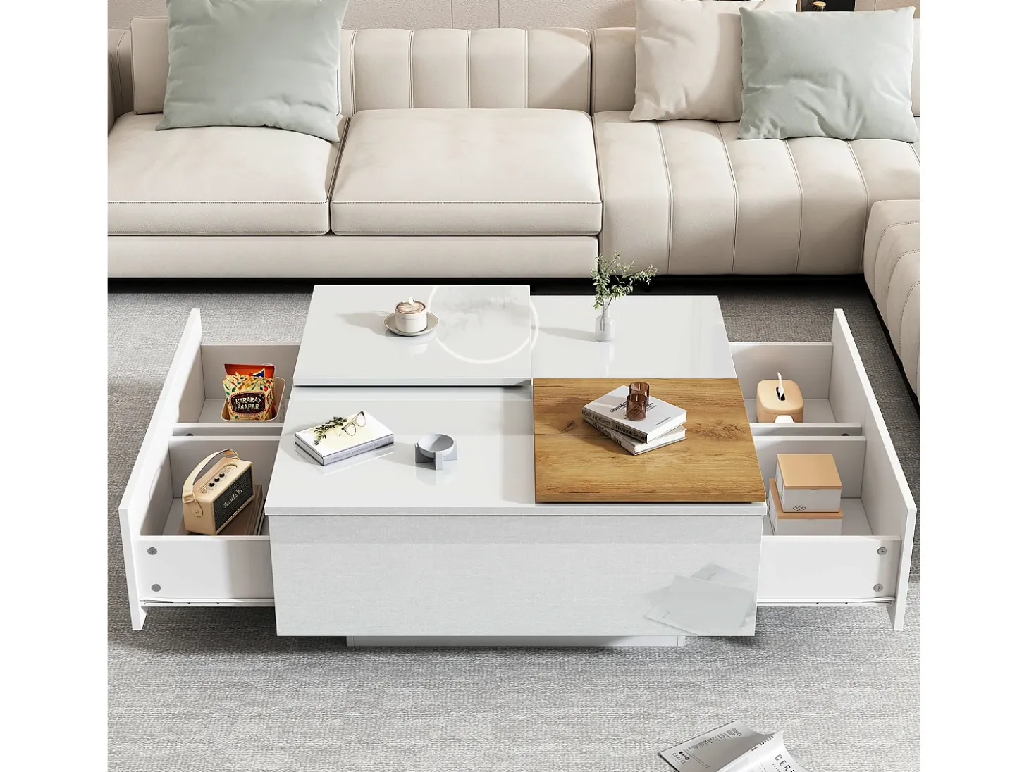 Mesa de centro quadrada com 4 gavetas e 2 bandejas deslizantes pequenas - 75 x 75 x 33,5 cm - Aglomerado - Branco