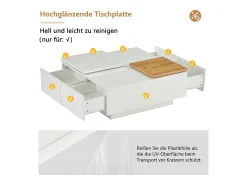 Mesa de centro quadrada com 4 gavetas e 2 bandejas deslizantes pequenas - 75 x 75 x 33,5 cm - Aglomerado - Branco