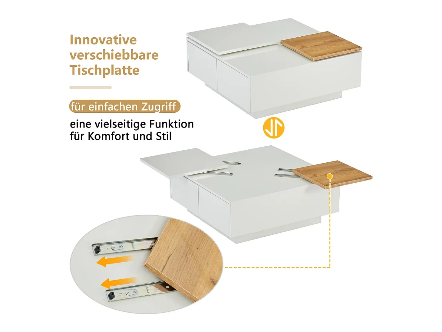 Mesa de centro quadrada com 4 gavetas e 2 bandejas deslizantes pequenas - 75 x 75 x 33,5 cm - Aglomerado - Branco