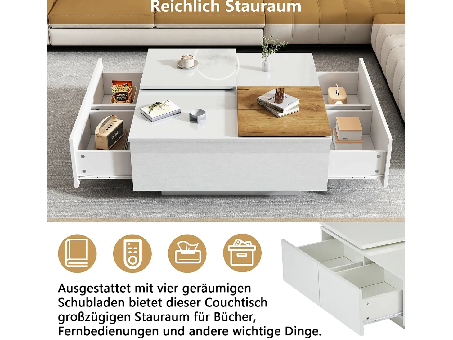 Mesa de centro quadrada com 4 gavetas e 2 bandejas deslizantes pequenas - 75 x 75 x 33,5 cm - Aglomerado - Branco