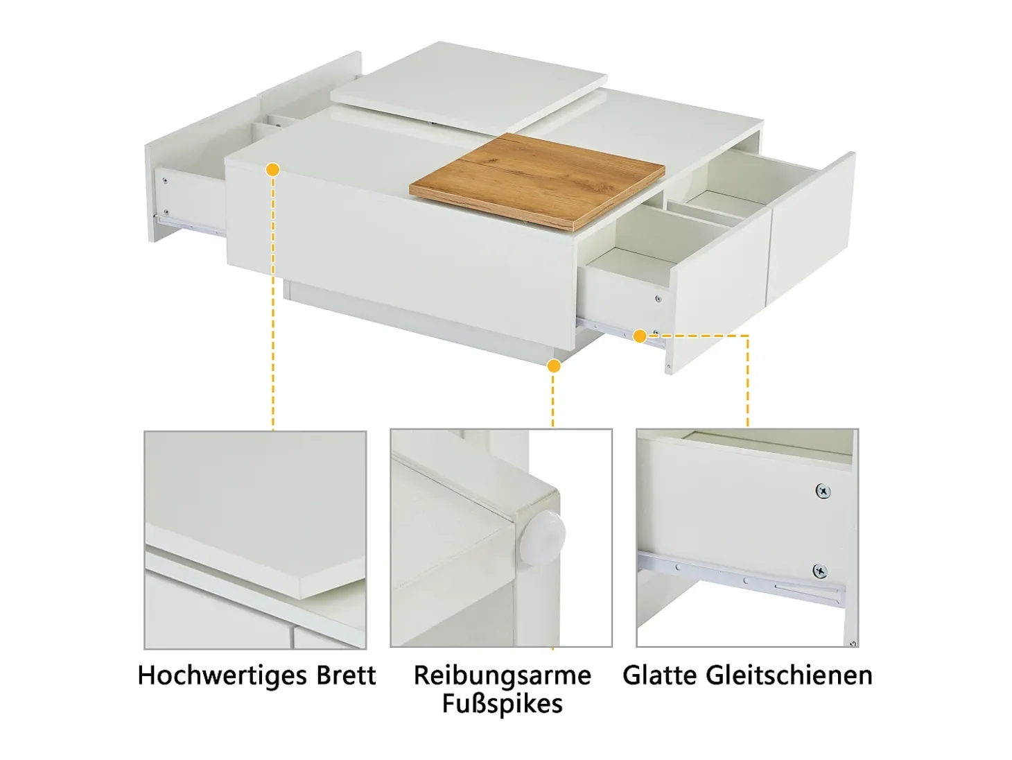Mesa de centro quadrada com 4 gavetas e 2 bandejas deslizantes pequenas - 75 x 75 x 33,5 cm - Aglomerado - Branco