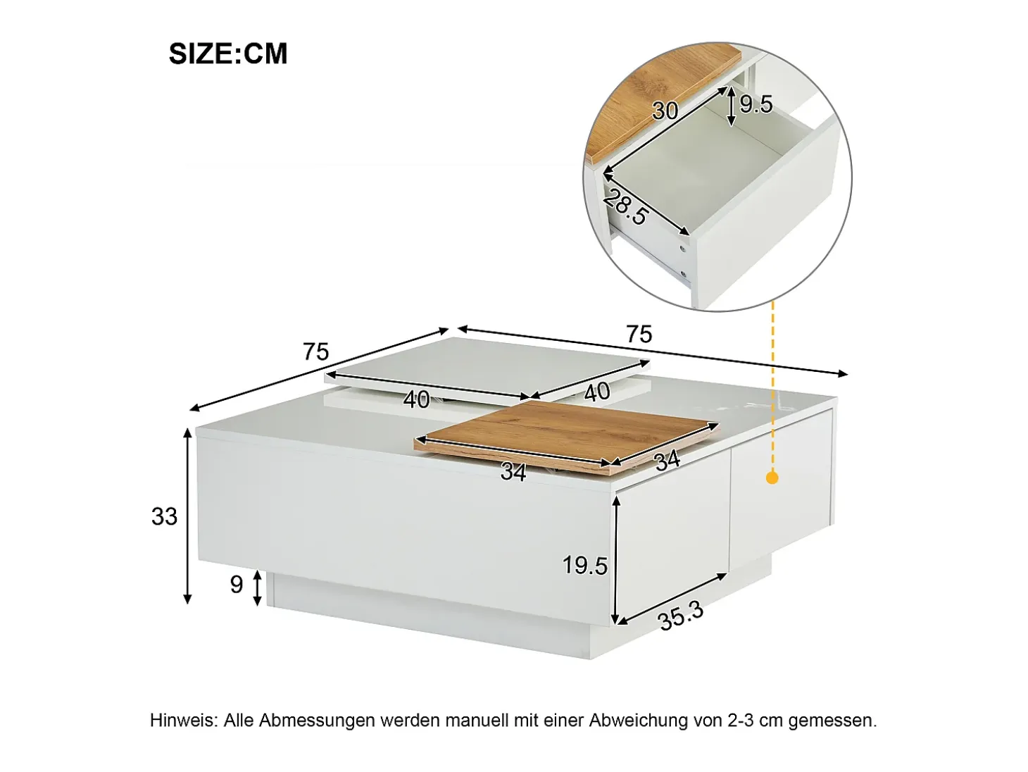 Mesa de centro quadrada com 4 gavetas e 2 bandejas deslizantes pequenas - 75 x 75 x 33,5 cm - Aglomerado - Branco