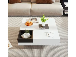 Mesa de centro quadrada com caixa de armazenamento removível - 72 x 72 x 30 cm - aglomerado - padrão mármore - branco