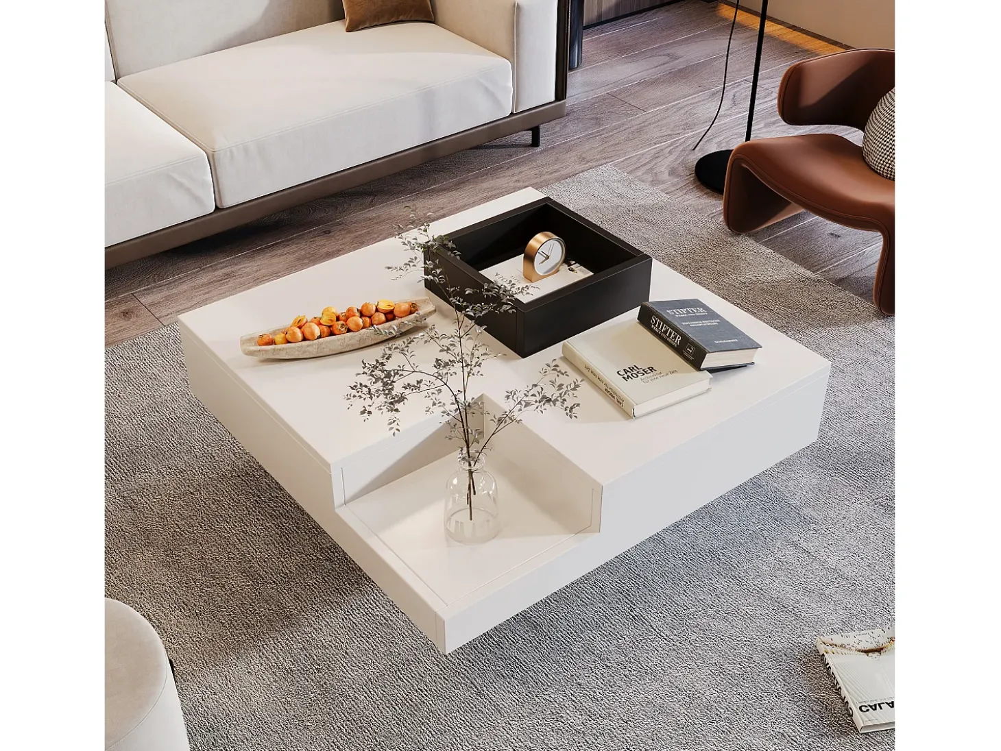 Mesa de centro quadrada com caixa de armazenamento removível - 72 x 72 x 30 cm - aglomerado - padrão mármore - branco