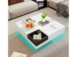 Mesa de centro quadrada com caixa de armazenamento removível - 72 x 72 x 30 cm - aglomerado - padrão mármore - branco