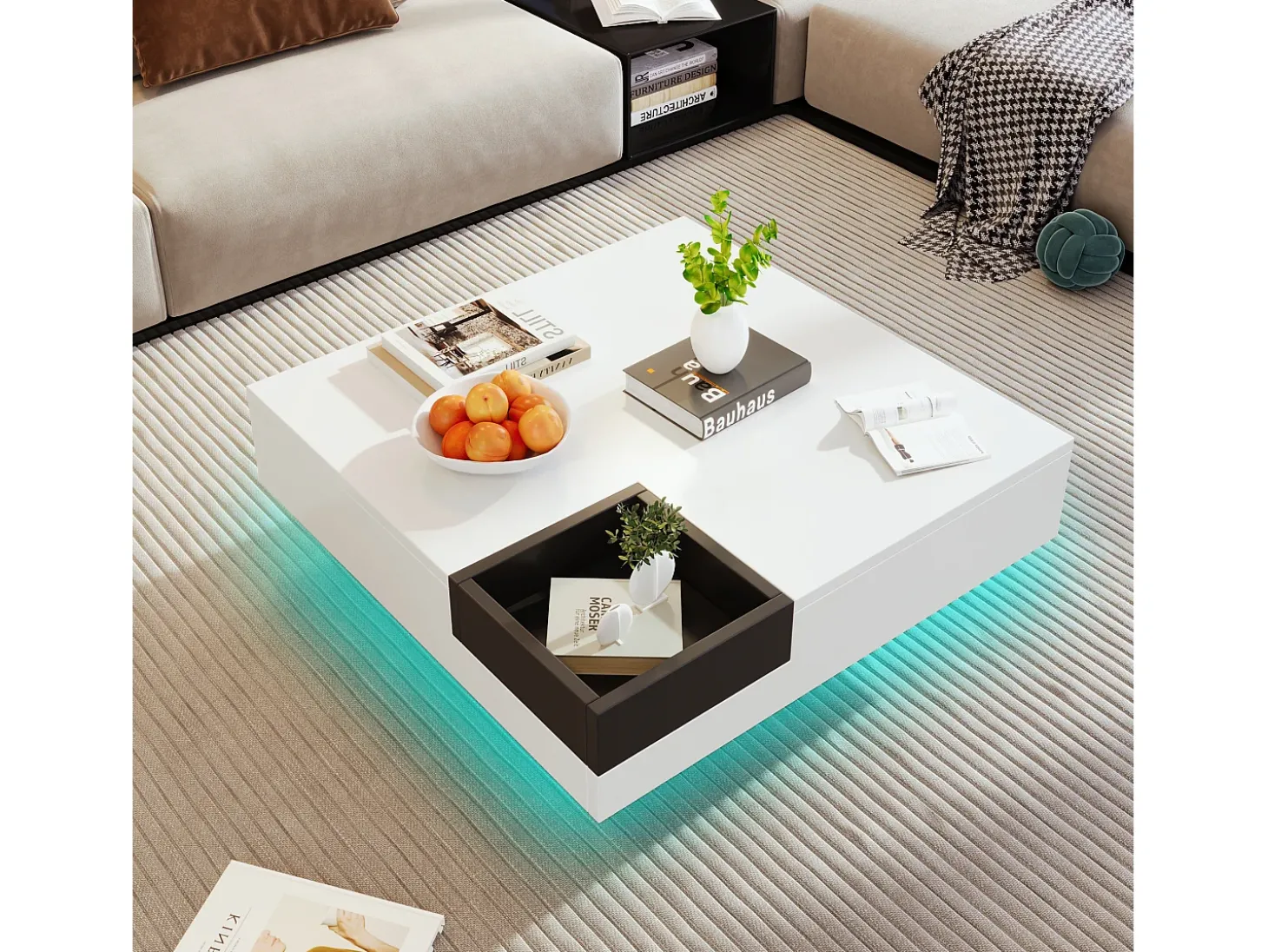 Mesa de centro quadrada com caixa de armazenamento removível - 72 x 72 x 30 cm - aglomerado - padrão mármore - branco