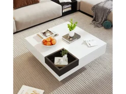 Mesa de centro quadrada com caixa de armazenamento removível - 72 x 72 x 30 cm - aglomerado - padrão mármore - branco