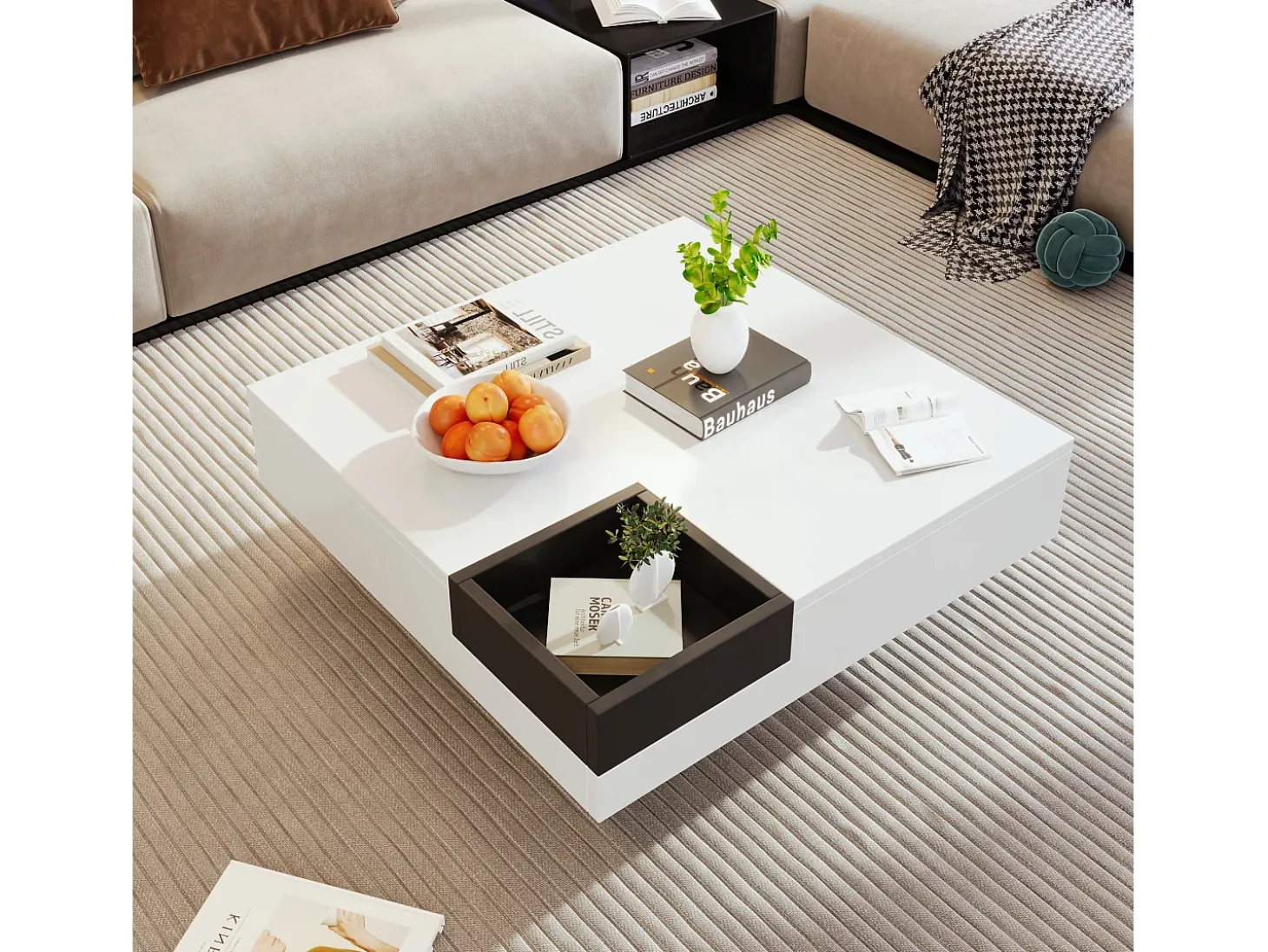 Mesa de centro quadrada com caixa de armazenamento removível - 72 x 72 x 30 cm - aglomerado - padrão mármore - branco