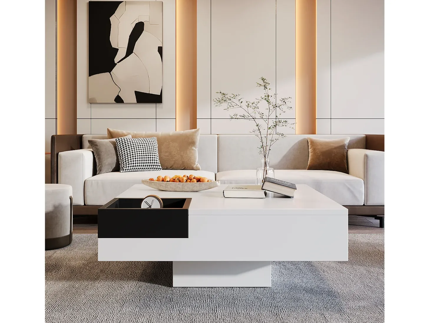 Mesa de centro quadrada com caixa de armazenamento removível - 72 x 72 x 30 cm - aglomerado - padrão mármore - branco