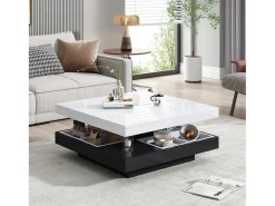 Mesa de centro quadrada com 4 compartimentos e tampo giratório - 70 x 70 x 36 cm - Aglomerado - Preto + branco