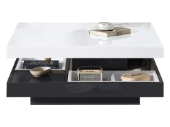 Mesa de centro quadrada com 4 compartimentos e tampo giratório - 70 x 70 x 36 cm - Aglomerado - Preto + branco