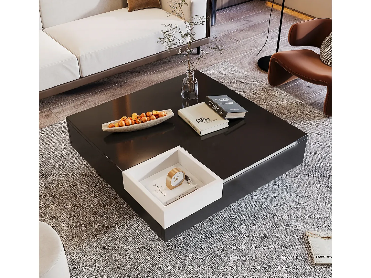 Mesa de centro quadrada com caixa de armazenamento - 72 x 72 x 30 cm - LEDs - Aglomerado - Preto + branco