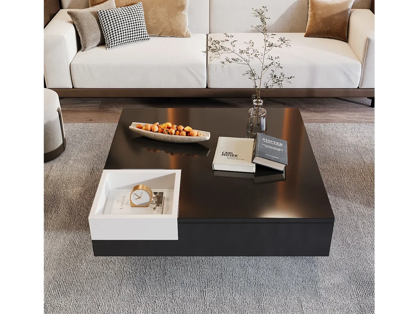 Mesa de centro quadrada com caixa de armazenamento - 72 x 72 x 30 cm - LEDs - Aglomerado - Preto + branco