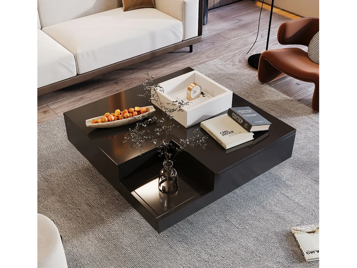 Mesa de centro quadrada com caixa de armazenamento - 72 x 72 x 30 cm - LEDs - Aglomerado - Preto + branco