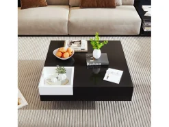 Mesa de centro quadrada com caixa de armazenamento - 72 x 72 x 30 cm - LEDs - Aglomerado - Preto + branco