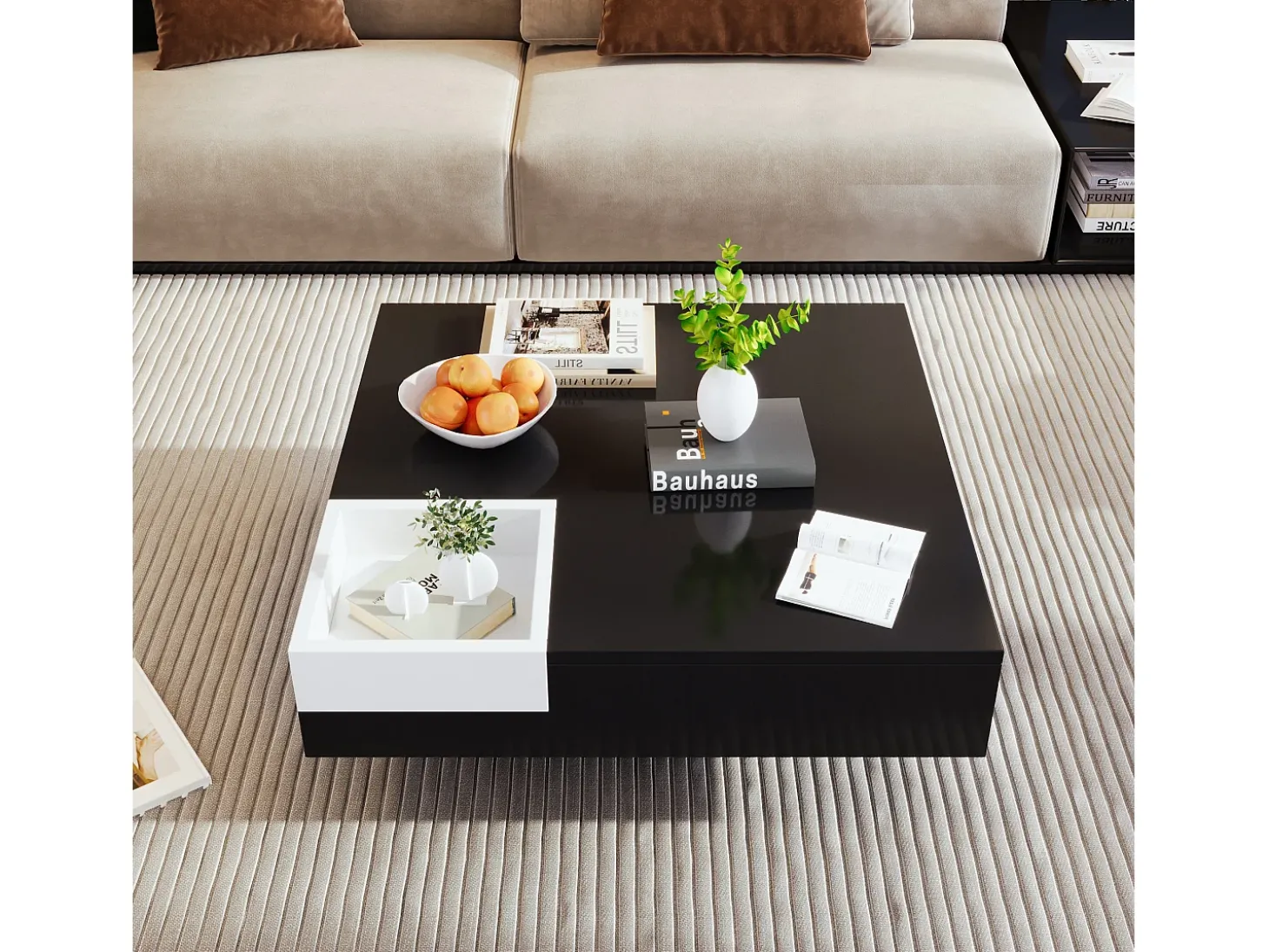 Mesa de centro quadrada com caixa de armazenamento - 72 x 72 x 30 cm - LEDs - Aglomerado - Preto + branco