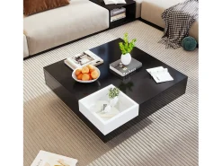 Mesa de centro quadrada com caixa de armazenamento - 72 x 72 x 30 cm - LEDs - Aglomerado - Preto + branco